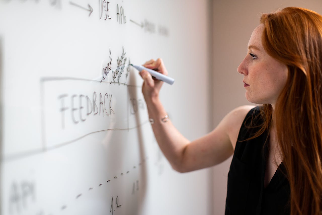 about-us Focused woman writing on a whiteboard during a business planning session.