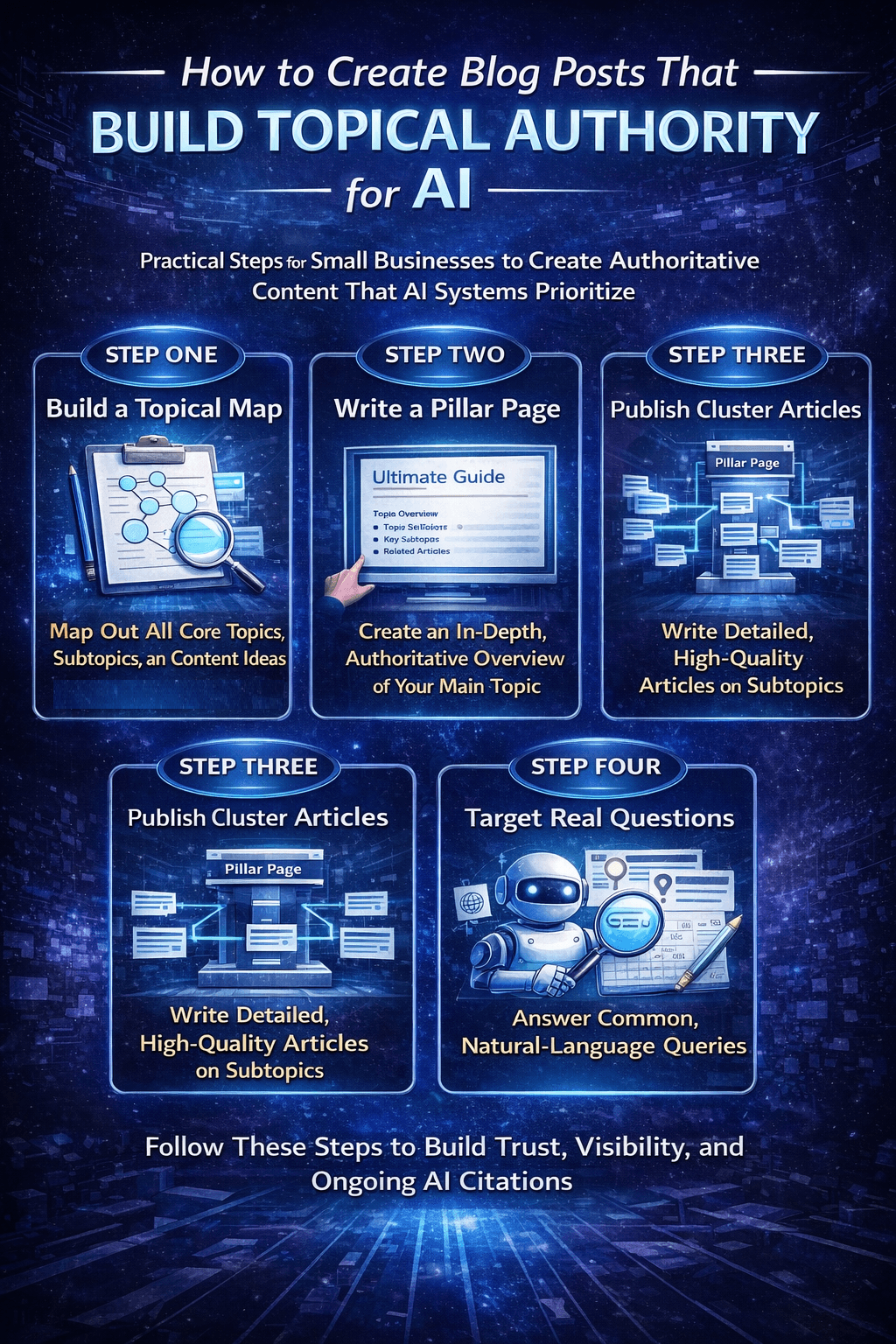 creating blog posts for building topical authority for ai